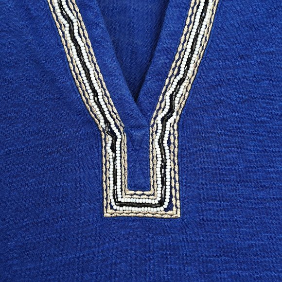 Chico's Stretch Linen Embellished Tunic Top Size Large /2 Blue Knit 3/4 Sleeve - Picture 5 of 10